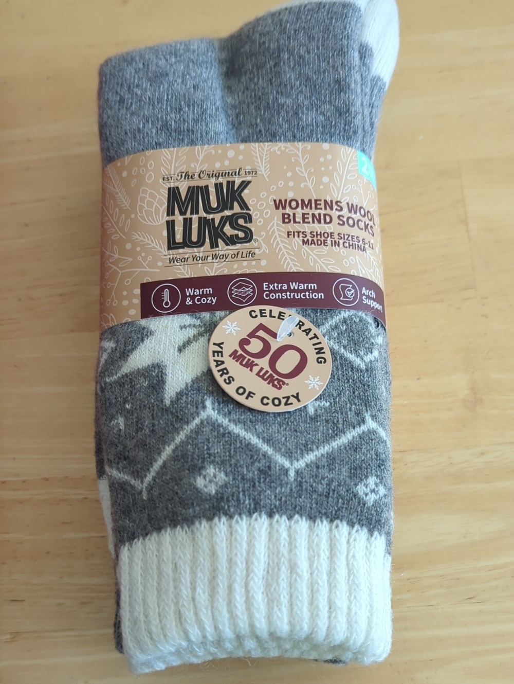 Muk Luks Gray & White Fair Isle Women's Wool-Blend Crew Socks. Two pack